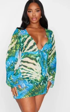 Shape Blue Chiffon Zebra Printed Long Sleeve Plunge Top