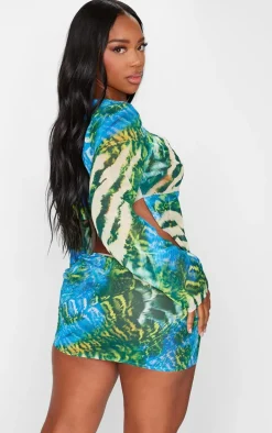 Shape Blue Chiffon Zebra Printed Long Sleeve Plunge Top