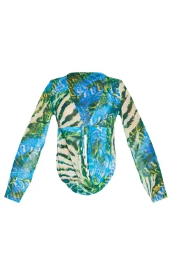 Shape Blue Chiffon Zebra Printed Long Sleeve Plunge Top