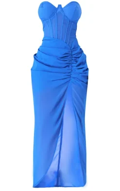 Shape Blue Corset Detail Sleeveless Ruched Side Midi Dress