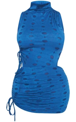 Shape Blue Cut Out Detail Ruched Side High Neck Bodycon Dress