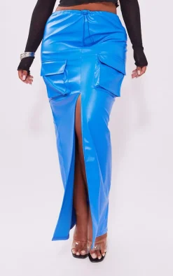 Shape Blue Faux Leather Cargo Pocket Maxi Skirt
