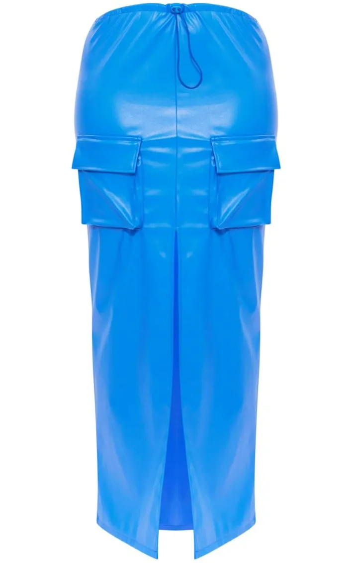 Shape Blue Faux Leather Cargo Pocket Maxi Skirt