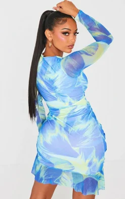 Shape Blue Floral Printed Mesh Ruched Side Frill Hem Bodycon Dress