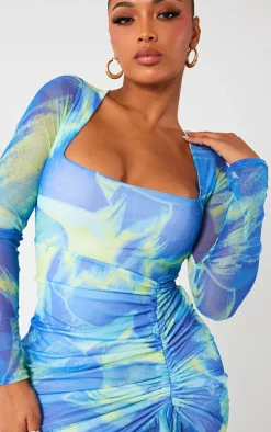 Shape Blue Floral Printed Mesh Ruched Side Frill Hem Bodycon Dress