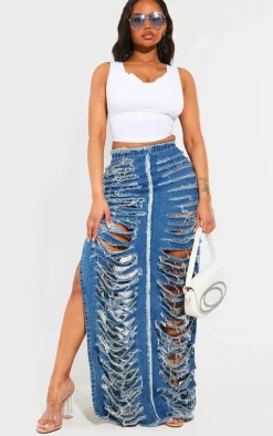 Shape Blue Frayed Denim Maxi Skirt