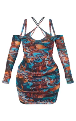 Shape Blue Marble Print Mesh Ring Halterneck Ruched Bodycon Dress