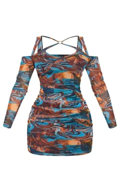 Shape Blue Marble Print Mesh Ring Halterneck Ruched Bodycon Dress