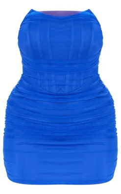 Shape Blue Mesh Corset Detail Ruched Bodycon Dress