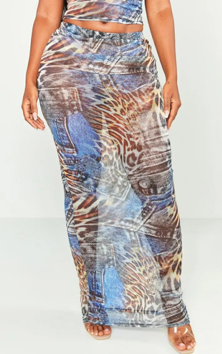 Shape Blue Mesh Denim Print Maxi Skirt