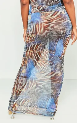 Shape Blue Mesh Denim Print Maxi Skirt