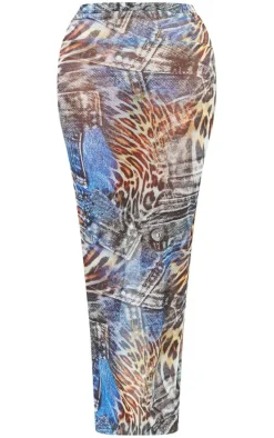 Shape Blue Mesh Denim Print Maxi Skirt