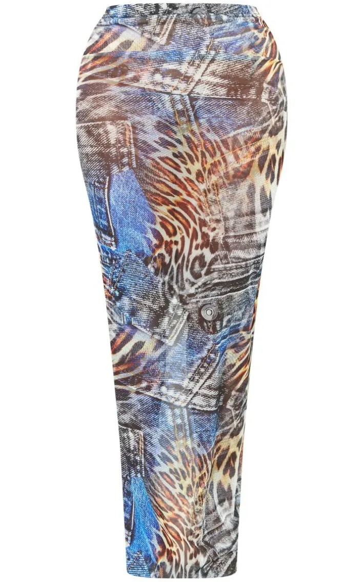 Shape Blue Mesh Denim Print Maxi Skirt