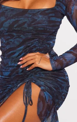 Shape Blue Mesh Long Sleeve Ruched Side Frill Hem Bodycon Dress