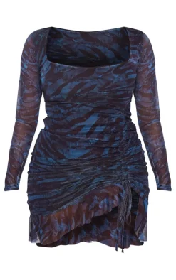 Shape Blue Mesh Long Sleeve Ruched Side Frill Hem Bodycon Dress
