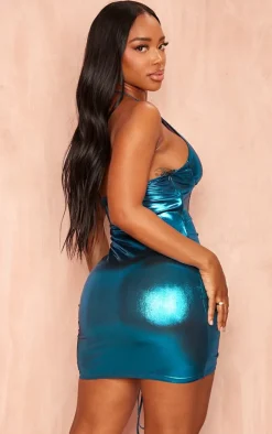 Shape Blue Metallic Halterneck Ruched Dress
