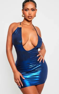 Shape Blue Metallic Ring Detail Plunge Bodycon Dress
