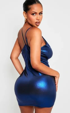 Shape Blue Metallic Ring Detail Plunge Bodycon Dress