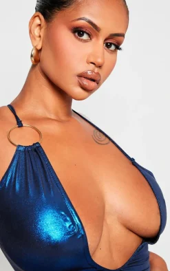 Shape Blue Metallic Ring Detail Plunge Bodycon Dress