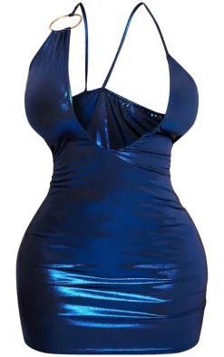 Shape Blue Metallic Ring Detail Plunge Bodycon Dress