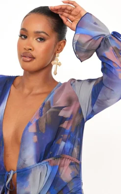 Shape Blue Printed Woven Extreme Plunge Mini Dress