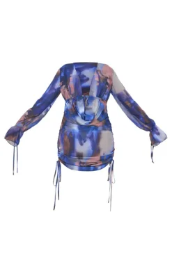 Shape Blue Printed Woven Extreme Plunge Mini Dress