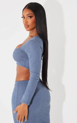 Shape Blue Rib Marl Scoop Neck Long Sleeve Crop Top