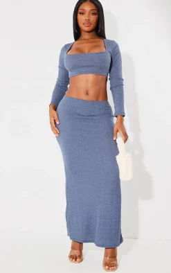 Shape Blue Rib Marl Scoop Neck Long Sleeve Crop Top