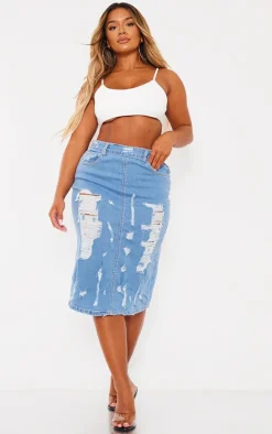 Shape Blue Stretch Denim Frayed Detail Midi Skirt