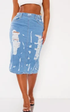 Shape Blue Stretch Denim Frayed Detail Midi Skirt