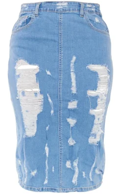 Shape Blue Stretch Denim Frayed Detail Midi Skirt