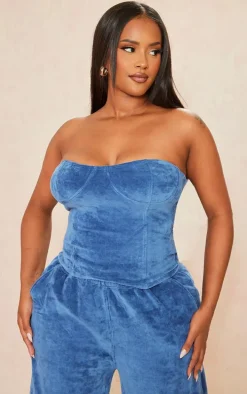 Shape Blue Velour Cup Detail Longline Bandeau