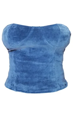 Shape Blue Velour Cup Detail Longline Bandeau