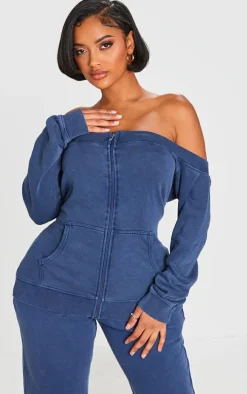 Shape Blue Washed Bardot Zip Up Sweatshirt