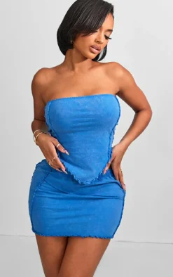 Shape Blue Washed Cotton Seam Lettuce Hem Skirt