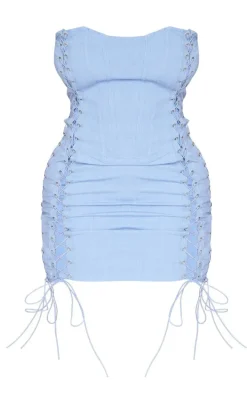 Shape Blue Woven Lace Up Detail Bandeau Mini Dress