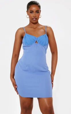 Shape Blue Woven Ruched Cup Detail Strappy Mini Dress