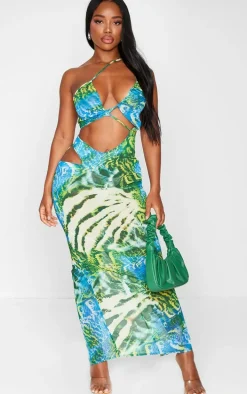 Shape Blue Zebra Print Chiffon Strappy Cut Out Maxi Dress