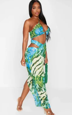 Shape Blue Zebra Print Chiffon Strappy Cut Out Maxi Dress