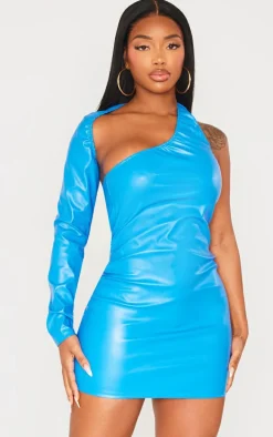 Shape Bright Blue Faux Leather Tie Neck Bodycon Dress