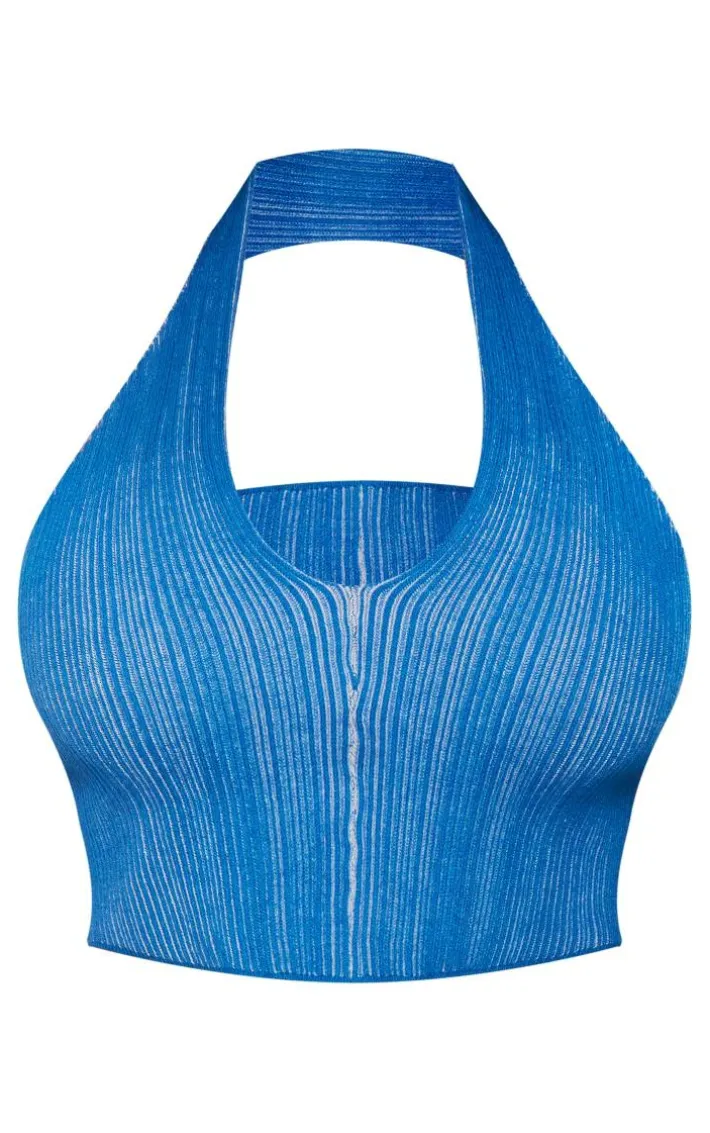 Shape Bright Blue Knit Contrast Halter Neck Crop Top