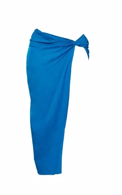 Shape Bright Blue Linen Look Knot Detail Front Split Maxi Skirt