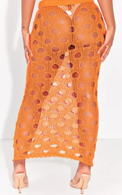 Shape Bright Orange Knit Distressed Cut Out Maxi Skirt