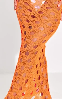 Shape Bright Orange Knit Distressed Cut Out Maxi Skirt