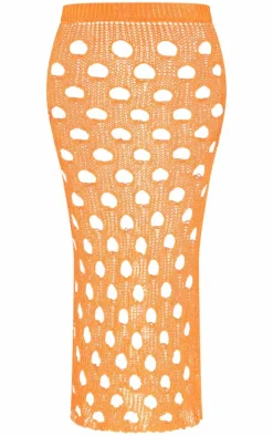 Shape Bright Orange Knit Distressed Cut Out Maxi Skirt