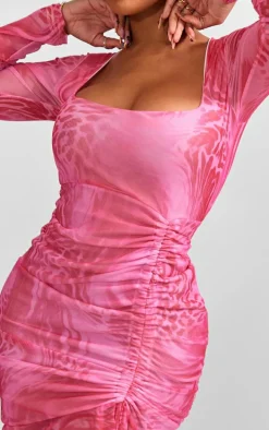 Shape Bright Pink Abstract Leopard Mesh Ruched Side Frill Hem Bodycon Dress