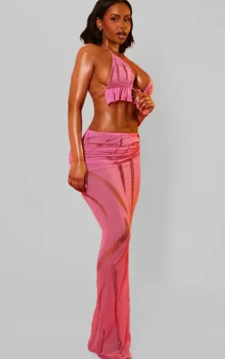 Shape Bright Pink Knit Ladder Detailed Low Rise Ruched Side Maxi Skirt