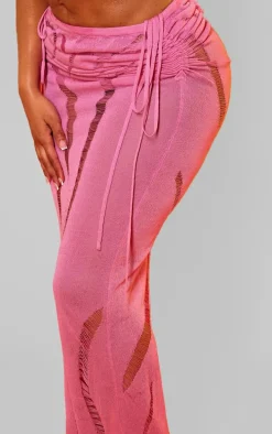 Shape Bright Pink Knit Ladder Detailed Low Rise Ruched Side Maxi Skirt