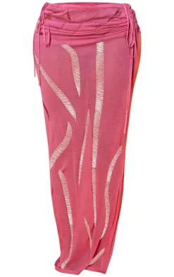 Shape Bright Pink Knit Ladder Detailed Low Rise Ruched Side Maxi Skirt