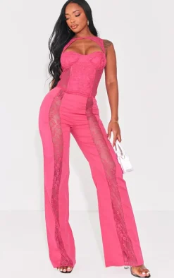 Shape Bright Pink Lace Insert Woven Straight Leg Pants